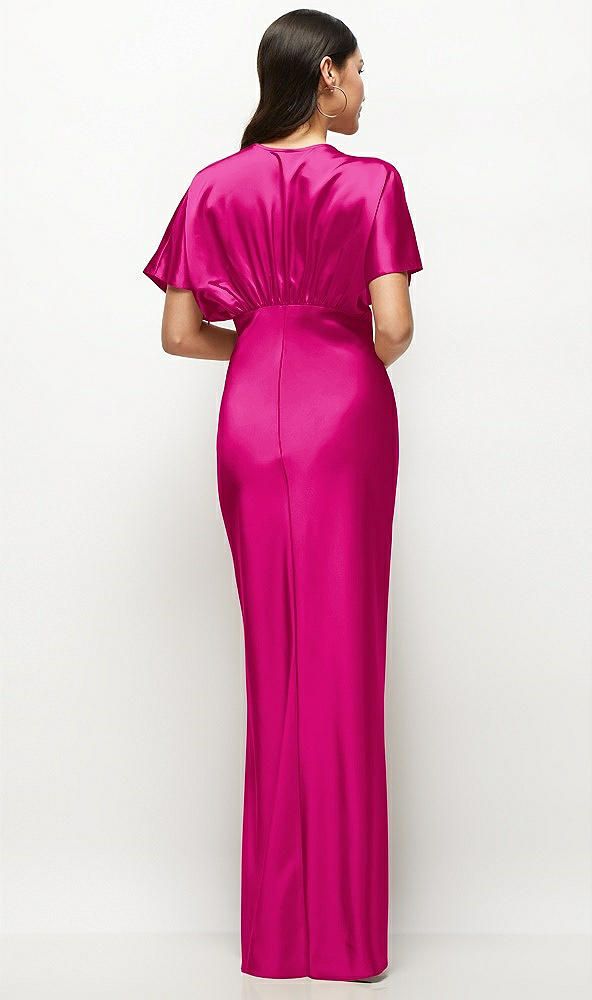 Back View - Think Pink Plunge Neck Kimono Sleeve Satin Bias Maxi Dress