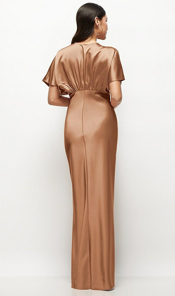 Back View - Toffee Plunge Neck Kimono Sleeve Satin Bias Maxi Dress