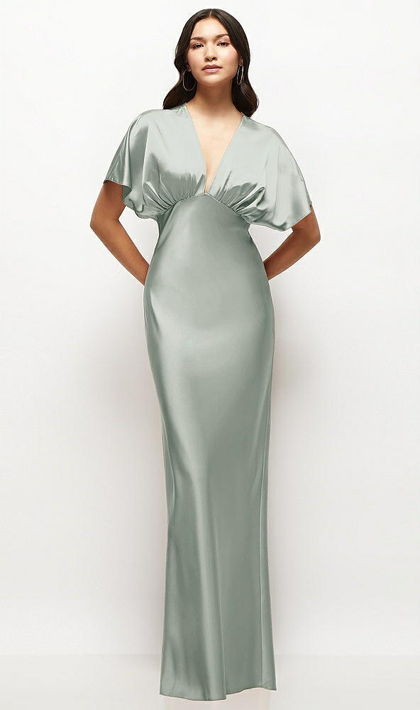 Front View - Willow Green Plunge Neck Kimono Sleeve Satin Bias Maxi Dress