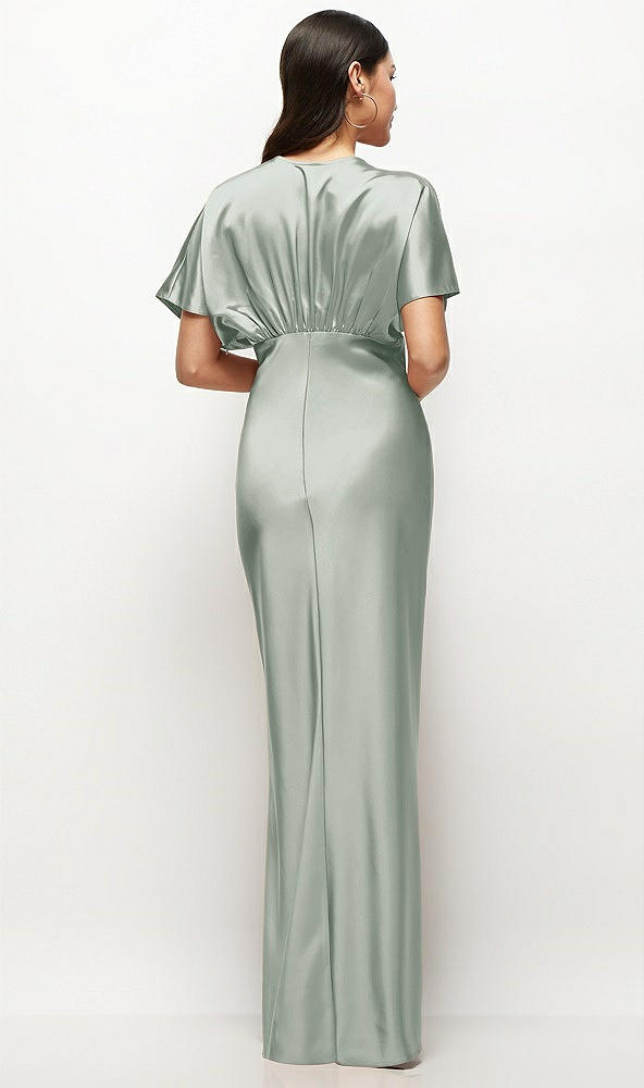 Back View - Willow Green Plunge Neck Kimono Sleeve Satin Bias Maxi Dress