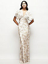 Front View Thumbnail - Golden Hour Plunge Neck Kimono Sleeve Floral Satin Bias Maxi Dress