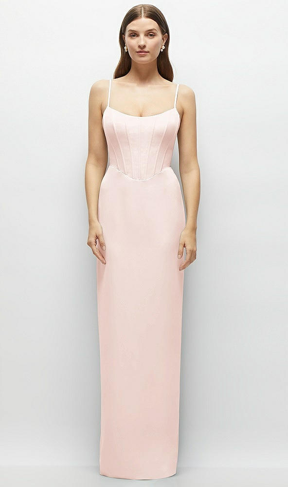 Front View - Blush Corset-Style Crepe Column Maxi Dress with Adjustable Straps