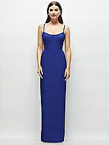 Front View Thumbnail - Cobalt Blue Corset-Style Crepe Column Maxi Dress with Adjustable Straps