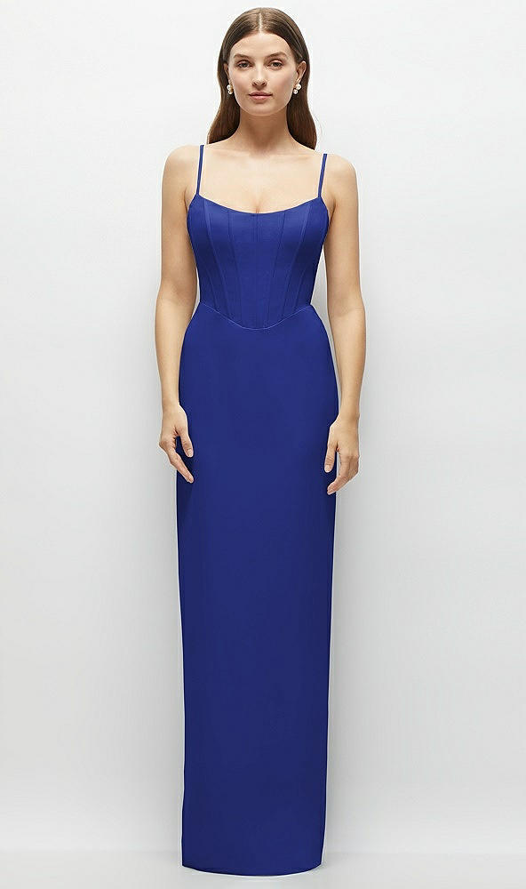 Front View - Cobalt Blue Corset-Style Crepe Column Maxi Dress with Adjustable Straps