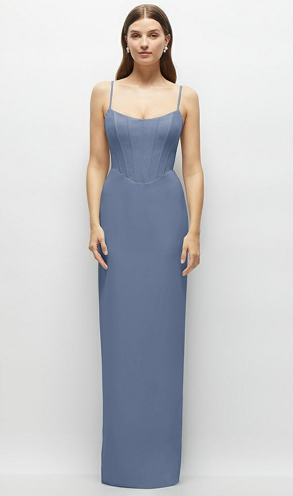 Front View - Larkspur Blue Corset-Style Crepe Column Maxi Dress with Adjustable Straps