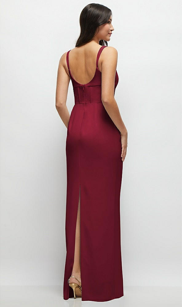 Back View - Burgundy Corset Midriff Crepe Column Maxi Dress