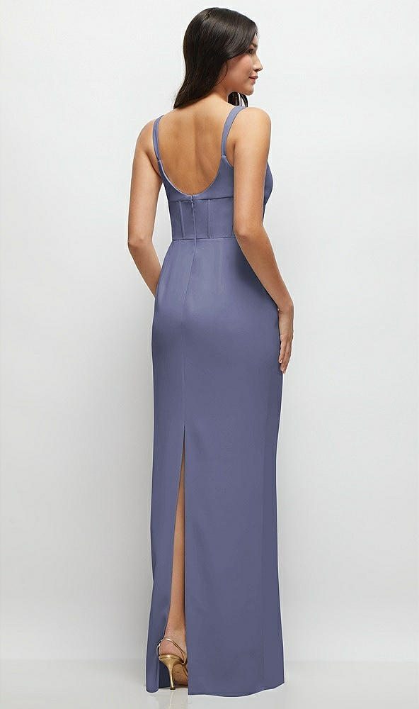 Back View - French Blue Corset Midriff Crepe Column Maxi Dress