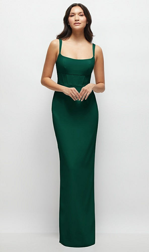 Front View - Hunter Green Corset Midriff Crepe Column Maxi Dress