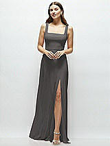 Front View Thumbnail - Caviar Gray Square Neck Chiffon Maxi Dress with Circle Skirt