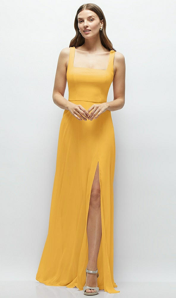 Front View - NYC Yellow Square Neck Chiffon Maxi Dress with Circle Skirt