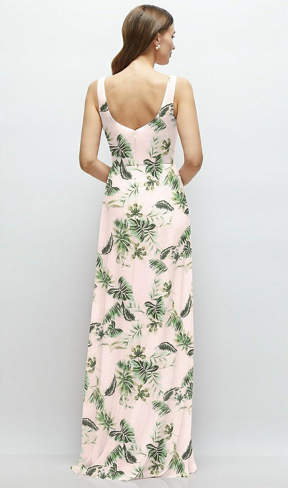 Back View - Palm Beach Print Square Neck Chiffon Maxi Dress with Circle Skirt