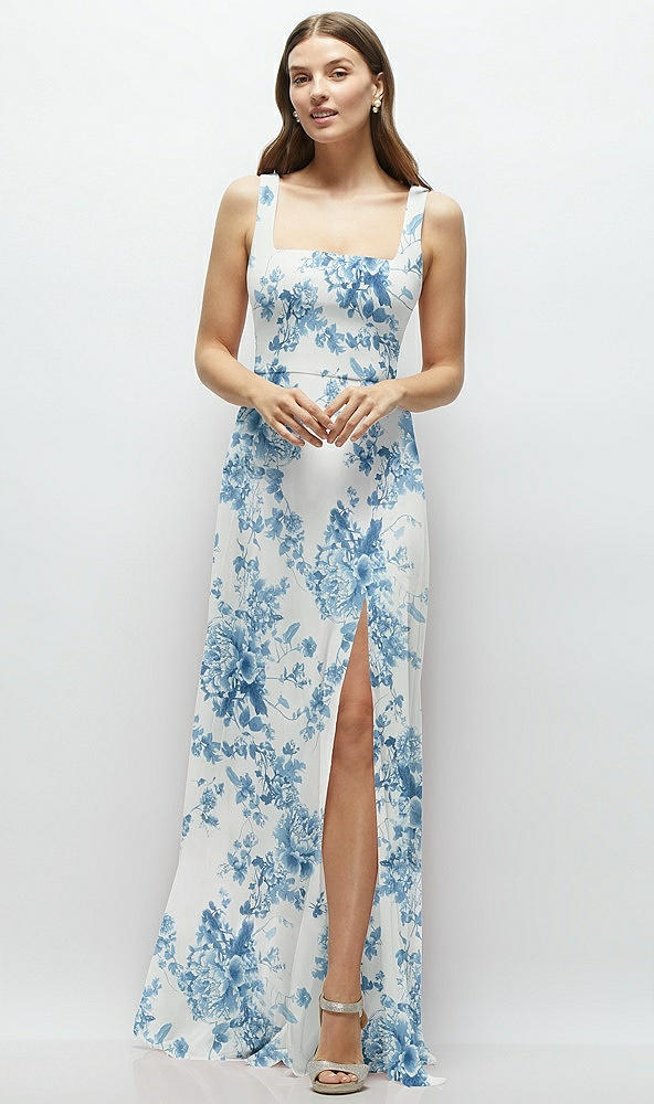 Front View - Cottage Rose Dusk Blue Square Neck Chiffon Maxi Dress with Circle Skirt