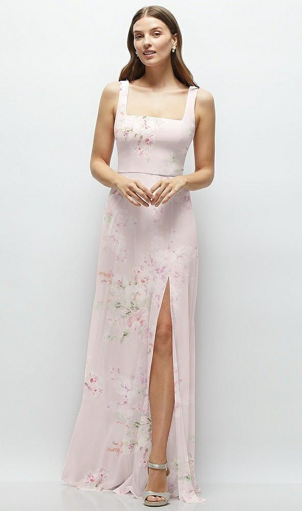 Front View - Watercolor Print Square Neck Chiffon Maxi Dress with Circle Skirt