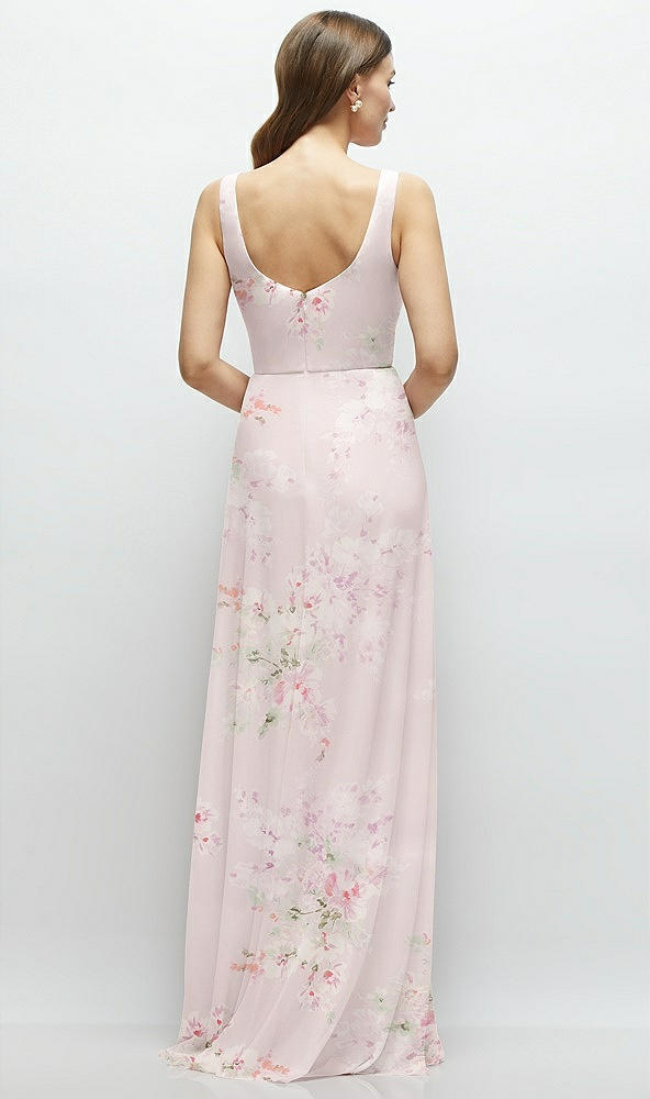 Back View - Watercolor Print Square Neck Chiffon Maxi Dress with Circle Skirt