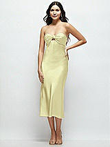 Front View Thumbnail - Butter Yellow Strapless Bow-Bandeau Cutout Satin Midi Slip Dress