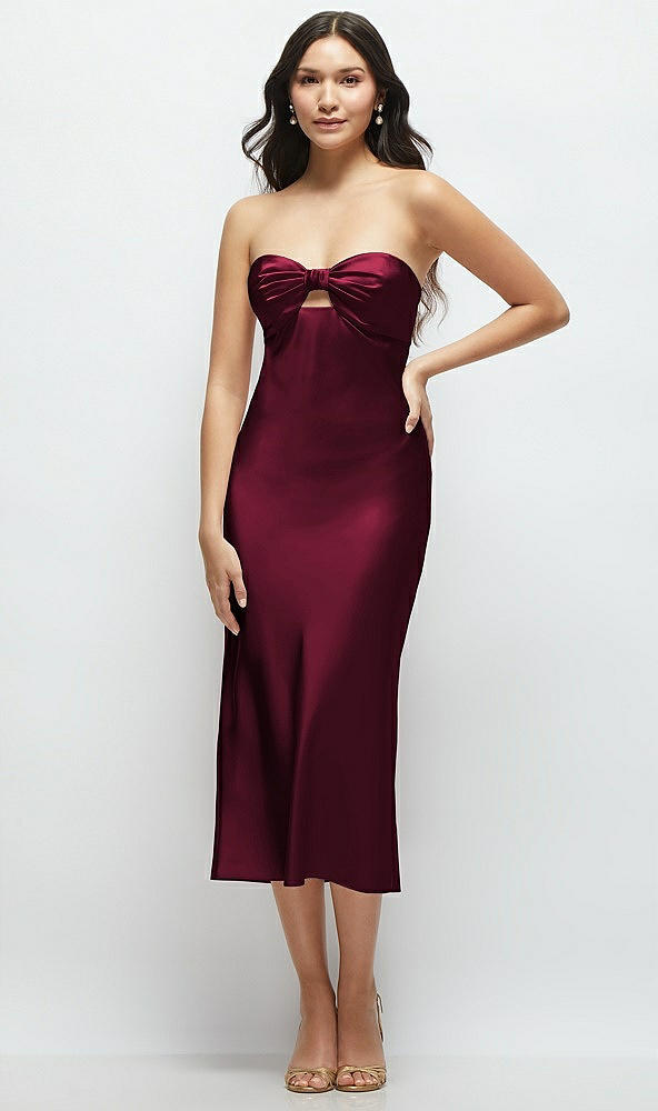 Front View - Cabernet Strapless Bow-Bandeau Cutout Satin Midi Slip Dress