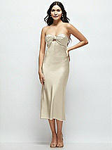 Front View Thumbnail - Champagne Strapless Bow-Bandeau Cutout Satin Midi Slip Dress