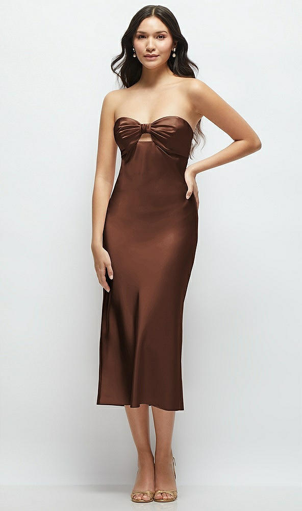 Front View - Cognac Strapless Bow-Bandeau Cutout Satin Midi Slip Dress