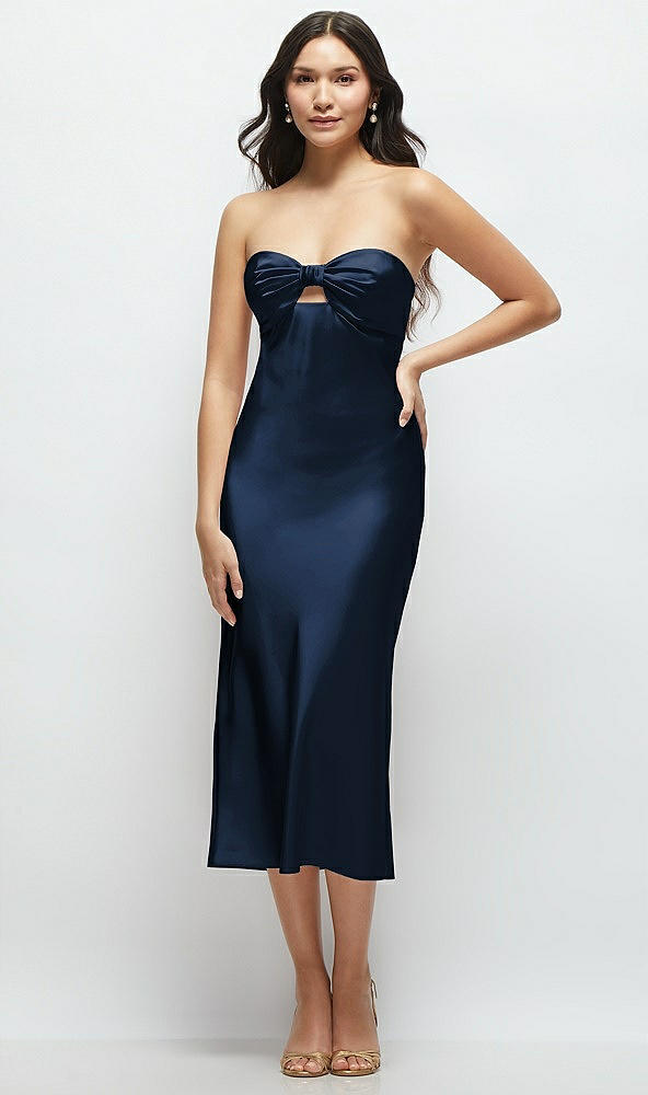 Front View - Midnight Navy Strapless Bow-Bandeau Cutout Satin Midi Slip Dress