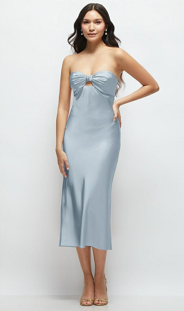 Front View - Mist Strapless Bow-Bandeau Cutout Satin Midi Slip Dress