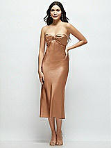 Front View Thumbnail - Toffee Strapless Bow-Bandeau Cutout Satin Midi Slip Dress