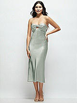 Front View Thumbnail - Willow Green Strapless Bow-Bandeau Cutout Satin Midi Slip Dress