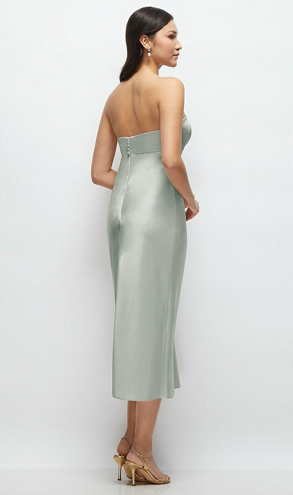 Back View - Willow Green Strapless Bow-Bandeau Cutout Satin Midi Slip Dress