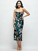 Front View Thumbnail - Vintage Primrose Evergreen Strapless Bow-Bandeau Cutout Floral Satin Midi Slip Dress