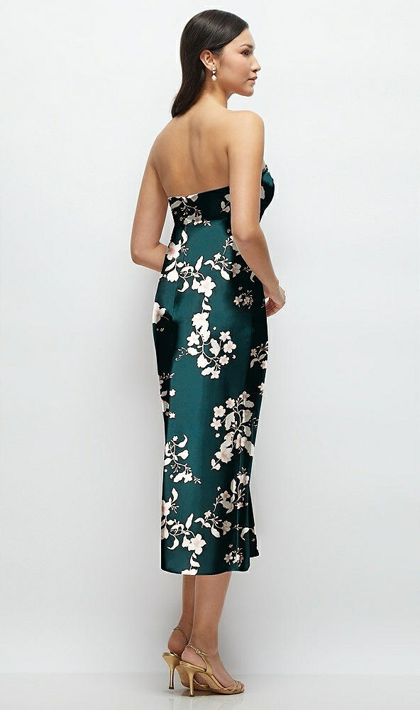 Back View - Vintage Primrose Evergreen Strapless Bow-Bandeau Cutout Floral Satin Midi Slip Dress