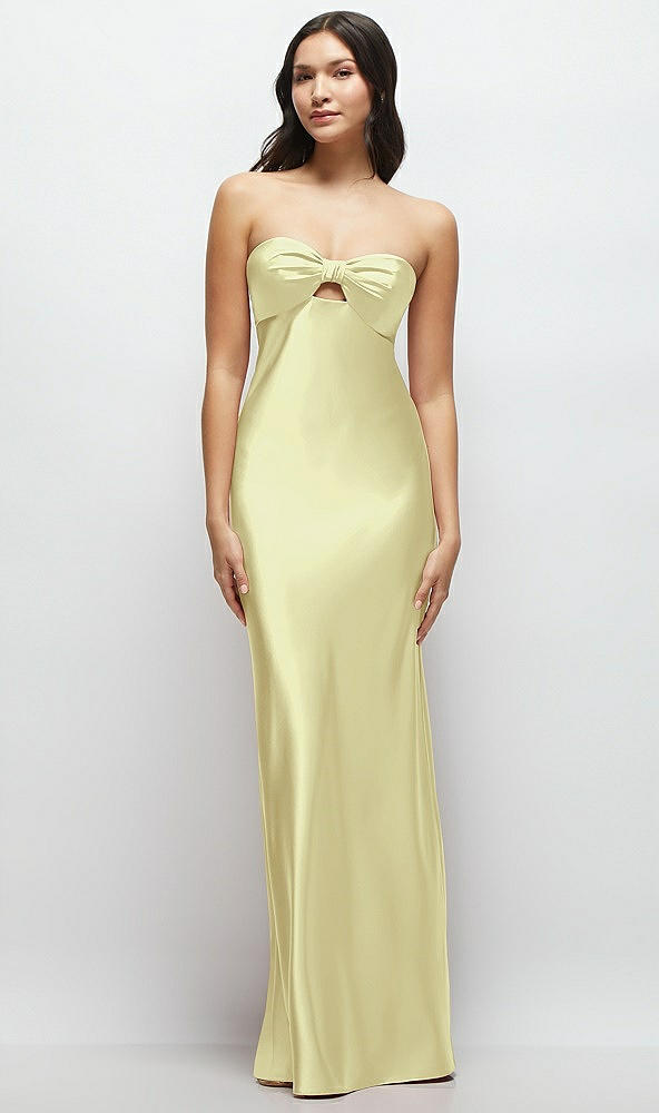 Front View - Butter Yellow Strapless Bow-Bandeau Cutout Satin Maxi Slip Dress