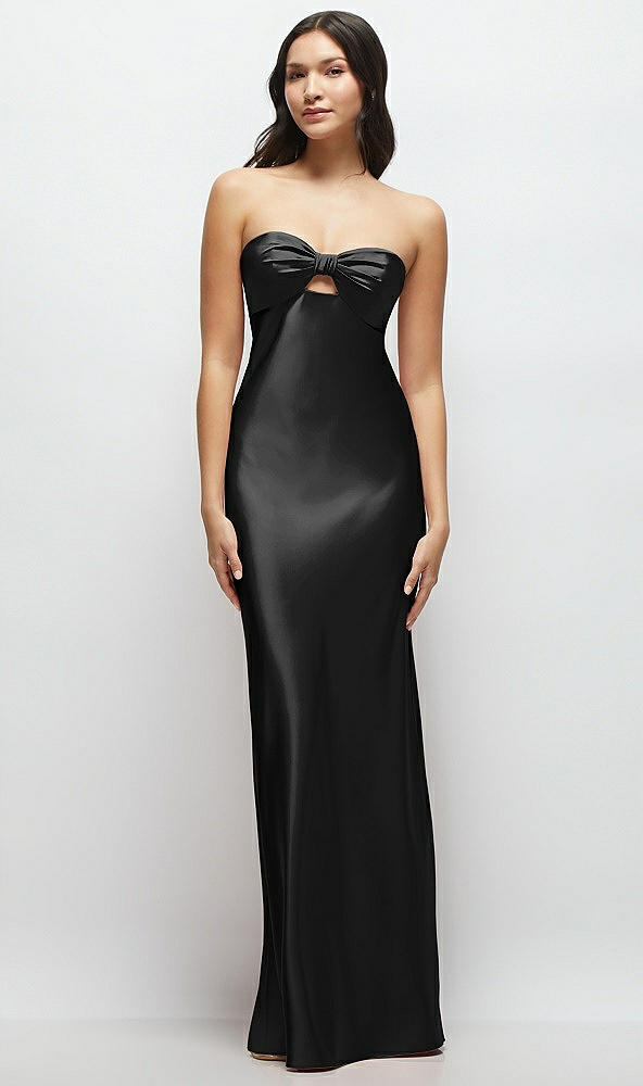 Front View - Black Strapless Bow-Bandeau Cutout Satin Maxi Slip Dress