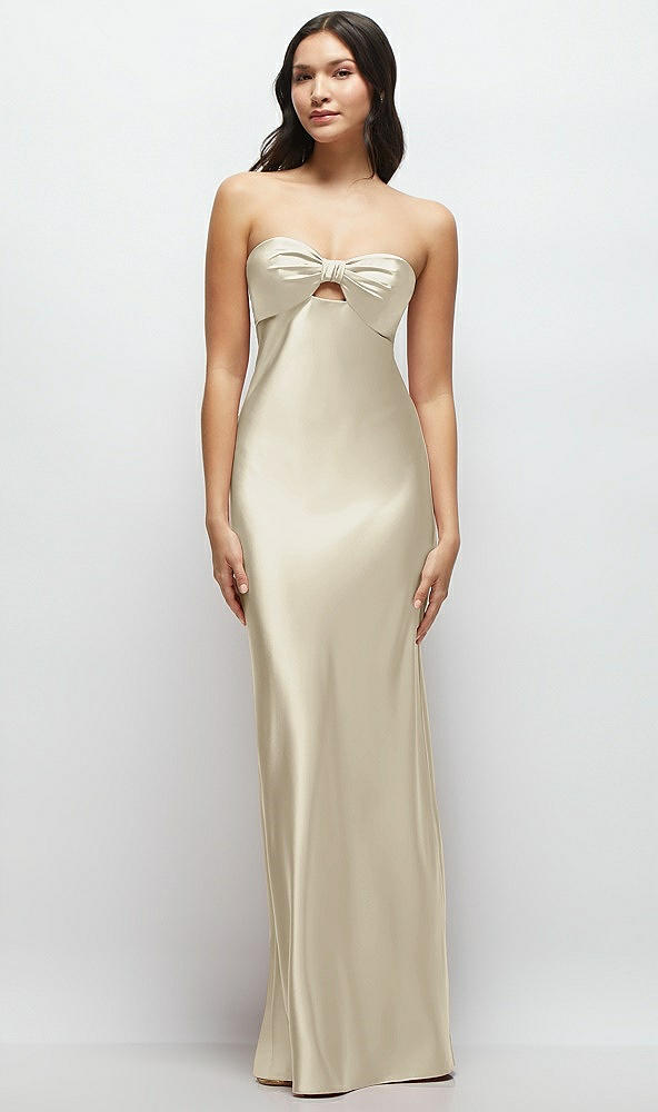 Front View - Champagne Strapless Bow-Bandeau Cutout Satin Maxi Slip Dress