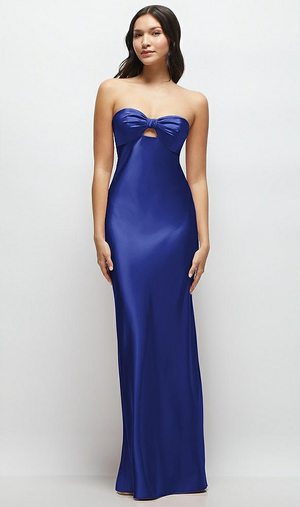 Front View - Cobalt Blue Strapless Bow-Bandeau Cutout Satin Maxi Slip Dress