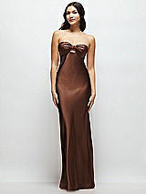 Front View Thumbnail - Cognac Strapless Bow-Bandeau Cutout Satin Maxi Slip Dress