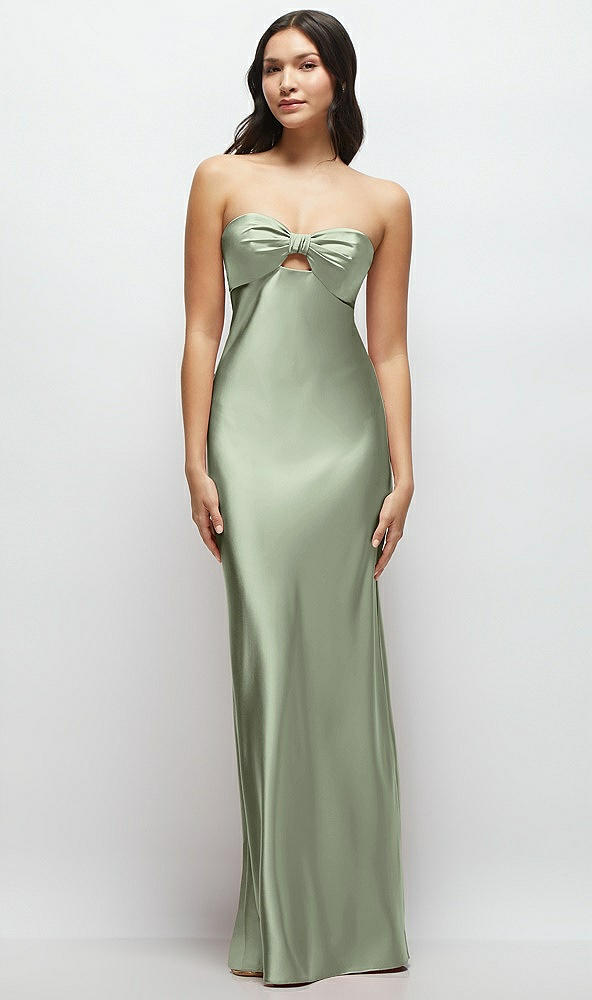 Front View - Sage Strapless Bow-Bandeau Cutout Satin Maxi Slip Dress