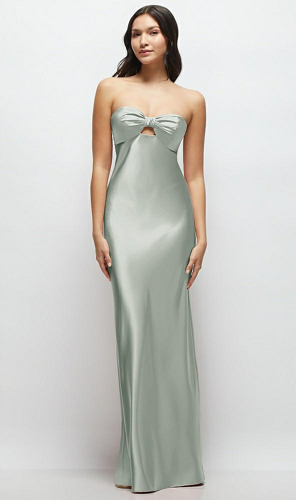 Front View - Willow Green Strapless Bow-Bandeau Cutout Satin Maxi Slip Dress