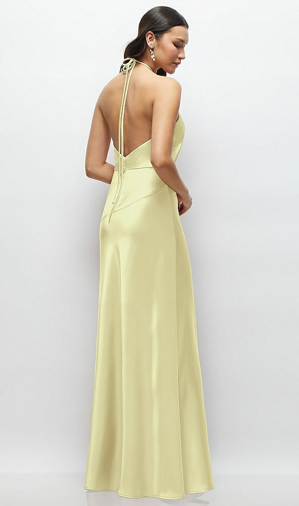 Back View - Butter Yellow High Halter Tie-Strap Open-Back Satin Maxi Dress