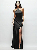 Front View Thumbnail - Black High Halter Tie-Strap Open-Back Satin Maxi Dress