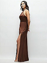 Side View Thumbnail - Cognac High Halter Tie-Strap Open-Back Satin Maxi Dress