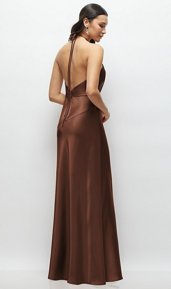 Back View - Cognac High Halter Tie-Strap Open-Back Satin Maxi Dress