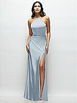 Front View Thumbnail - Mist High Halter Tie-Strap Open-Back Satin Maxi Dress