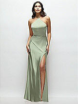 Front View Thumbnail - Sage High Halter Tie-Strap Open-Back Satin Maxi Dress