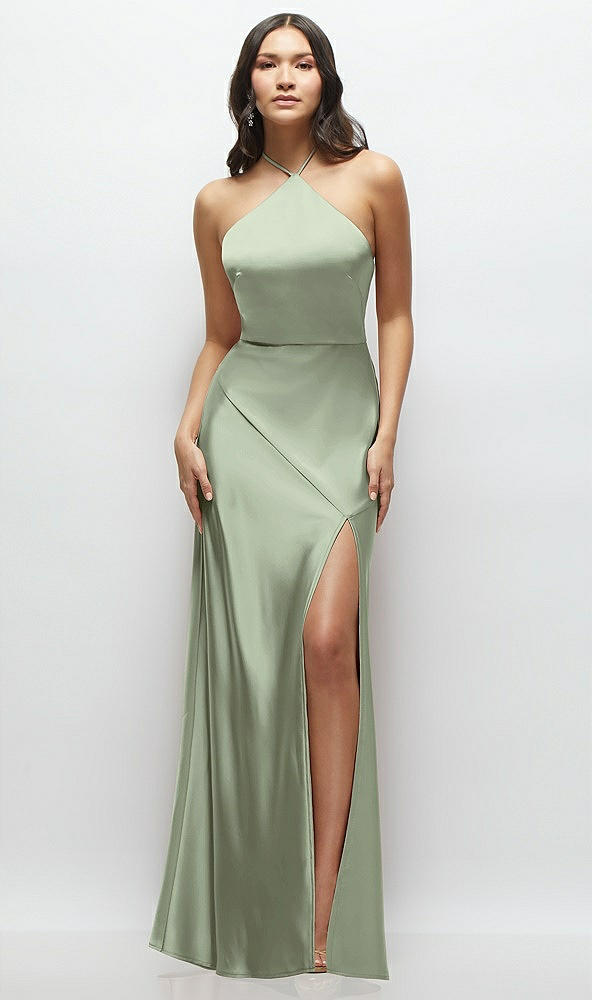 Front View - Sage High Halter Tie-Strap Open-Back Satin Maxi Dress