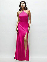 Front View Thumbnail - Think Pink High Halter Tie-Strap Open-Back Satin Maxi Dress