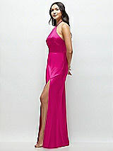 Side View Thumbnail - Think Pink High Halter Tie-Strap Open-Back Satin Maxi Dress