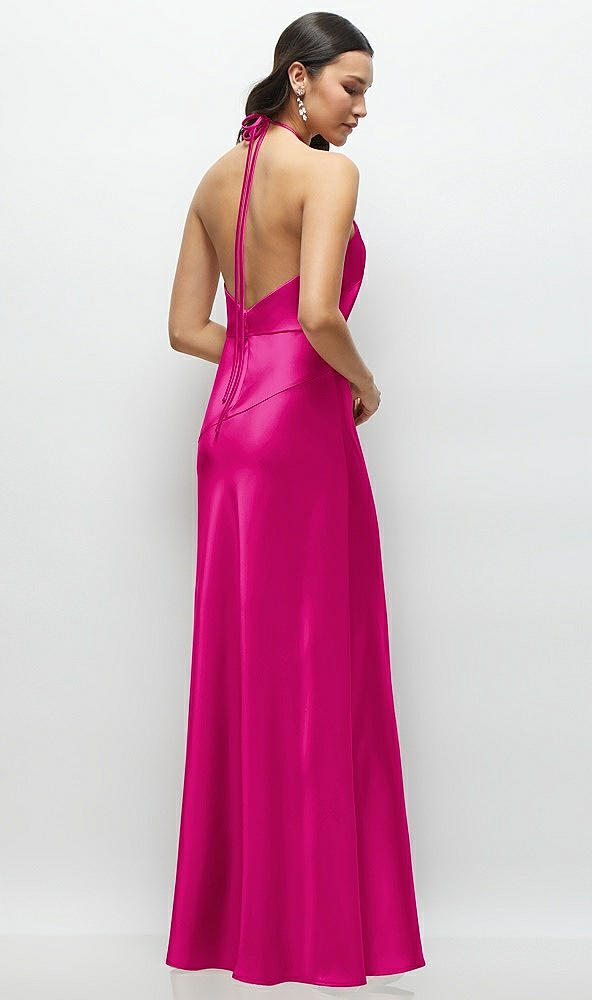 Back View - Think Pink High Halter Tie-Strap Open-Back Satin Maxi Dress