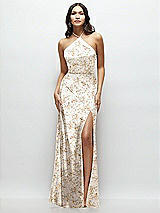 Front View Thumbnail - Golden Hour High Halter Tie-Strap Open-Back Floral Satin Maxi Dress