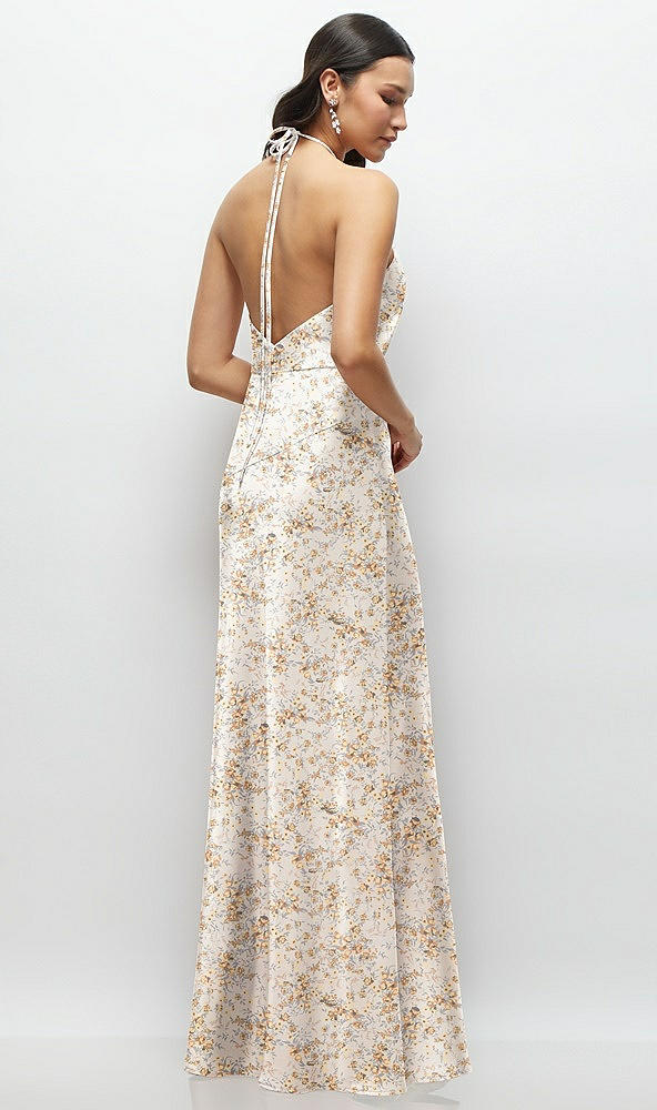 Back View - Golden Hour High Halter Tie-Strap Open-Back Floral Satin Maxi Dress