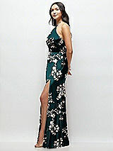 Side View Thumbnail - Vintage Primrose Evergreen High Halter Tie-Strap Open-Back Floral Satin Maxi Dress