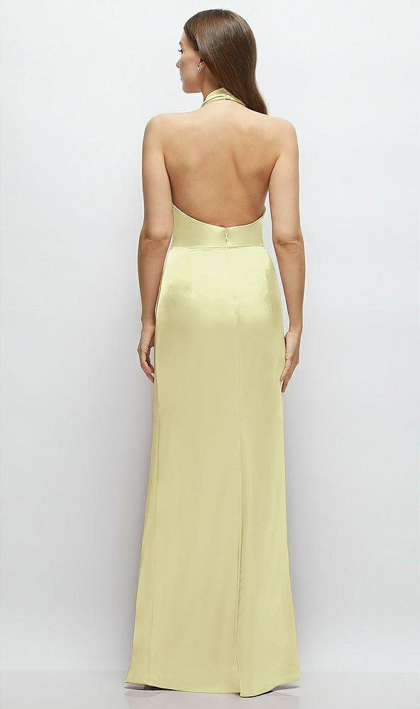 Back View - Butter Yellow Cowl Halter Open-Back Satin Maxi Dress